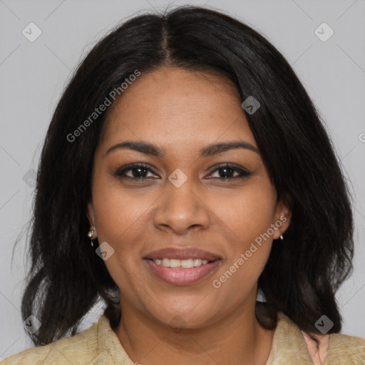 Joyful black young-adult female with medium  brown hair and brown eyes