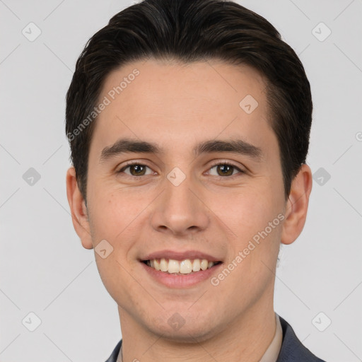 Joyful white young-adult male with short  brown hair and brown eyes