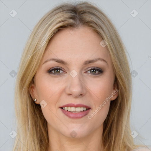 Joyful white young-adult female with long  brown hair and grey eyes