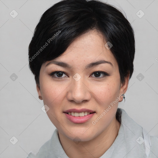 Joyful asian young-adult female with medium  black hair and brown eyes