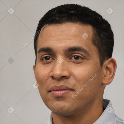 Neutral latino young-adult male with short  black hair and brown eyes