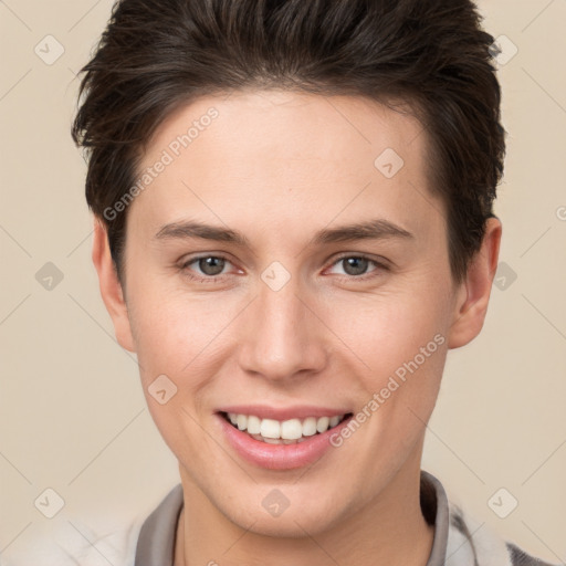 Joyful white young-adult female with short  brown hair and brown eyes