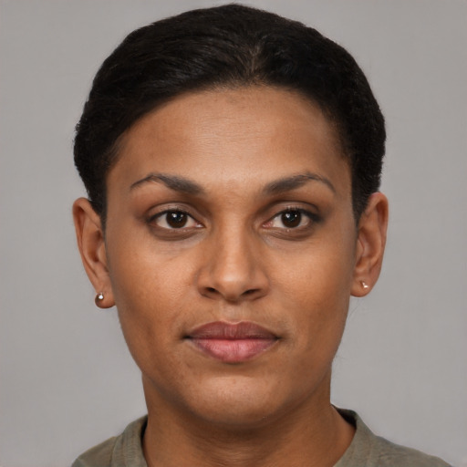 Neutral black young-adult female with short  brown hair and brown eyes