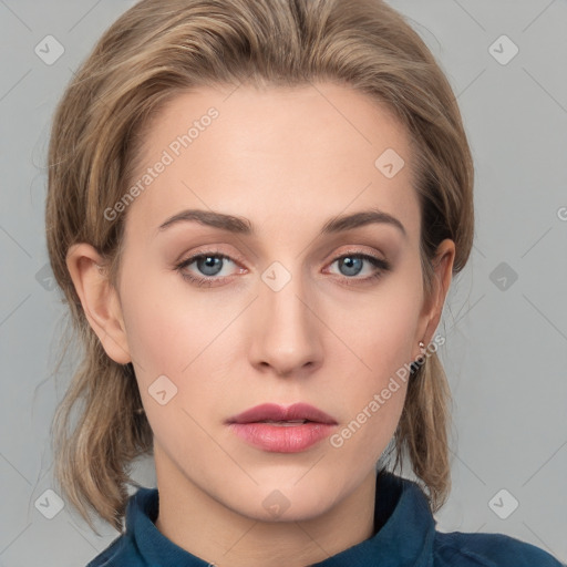 Neutral white young-adult female with medium  brown hair and grey eyes