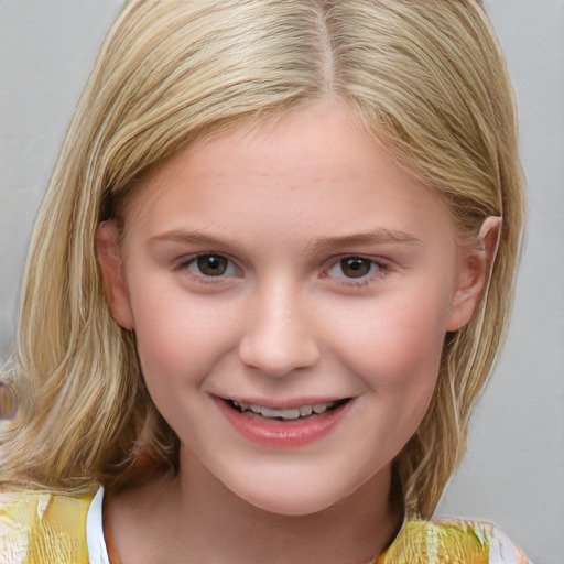 Joyful white child female with medium  brown hair and brown eyes