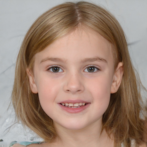 Joyful white child female with medium  brown hair and brown eyes