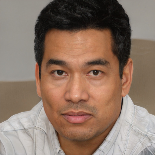 Joyful asian adult male with short  black hair and brown eyes