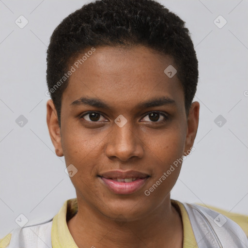 Joyful black young-adult male with short  brown hair and brown eyes