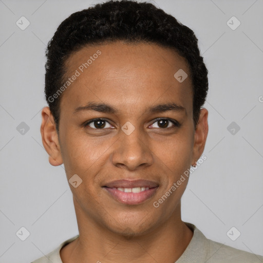 Joyful black young-adult male with short  black hair and brown eyes