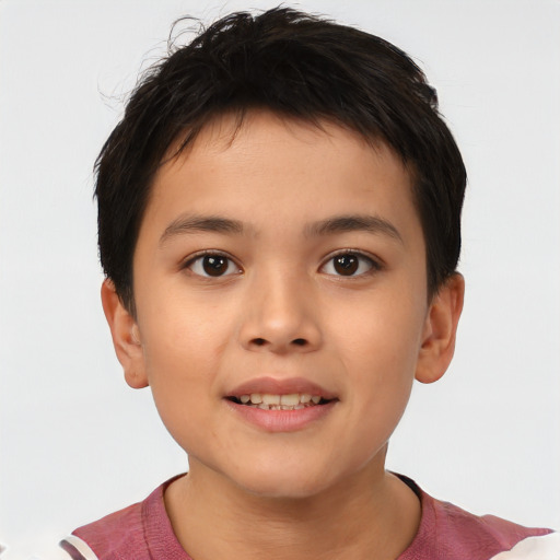 Joyful white child male with short  brown hair and brown eyes