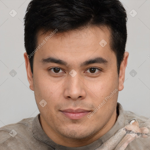 Neutral latino young-adult male with short  brown hair and brown eyes