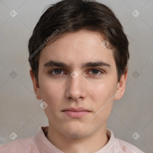 Neutral white young-adult male with short  brown hair and brown eyes