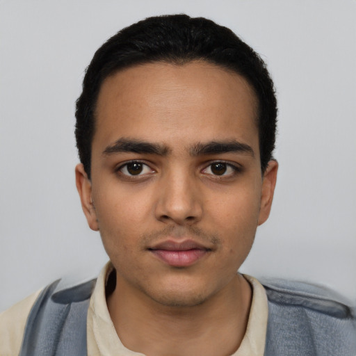 Neutral latino young-adult male with short  black hair and brown eyes