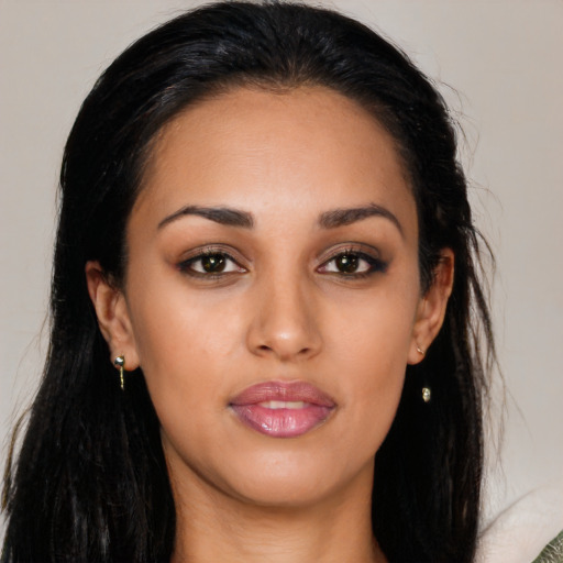 Neutral white young-adult female with long  black hair and brown eyes