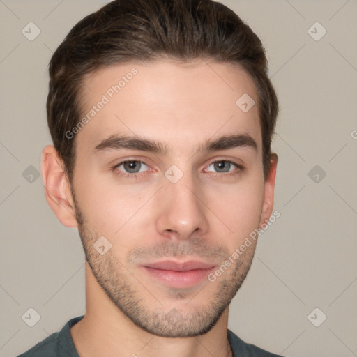 Neutral white young-adult male with short  brown hair and brown eyes