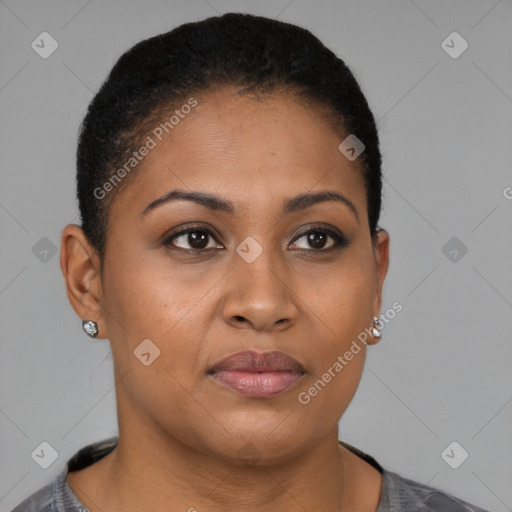 Joyful latino young-adult female with short  brown hair and brown eyes