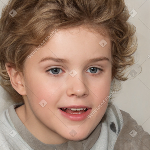 Joyful white child female with medium  brown hair and grey eyes