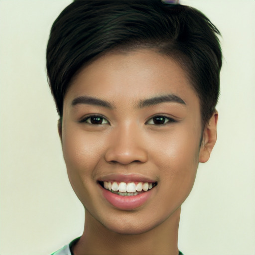 Joyful latino young-adult female with short  black hair and brown eyes