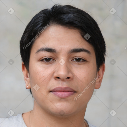 Joyful latino young-adult female with short  black hair and brown eyes