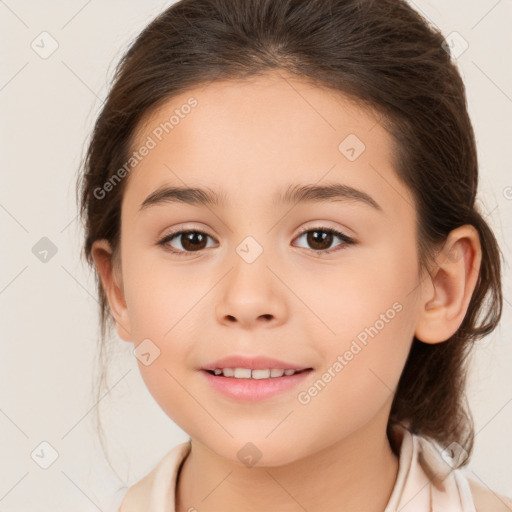 Joyful white child female with medium  brown hair and brown eyes