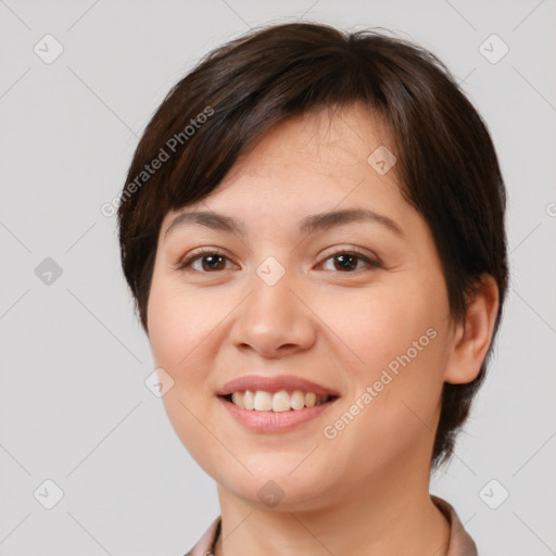 Joyful white young-adult female with medium  brown hair and brown eyes