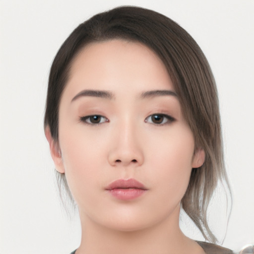 Neutral asian young-adult female with medium  brown hair and brown eyes