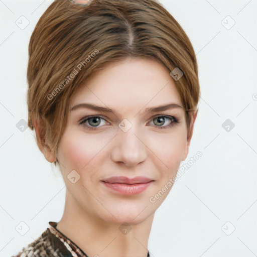 Joyful white young-adult female with medium  brown hair and grey eyes