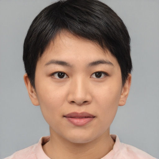 Neutral asian young-adult female with short  black hair and brown eyes