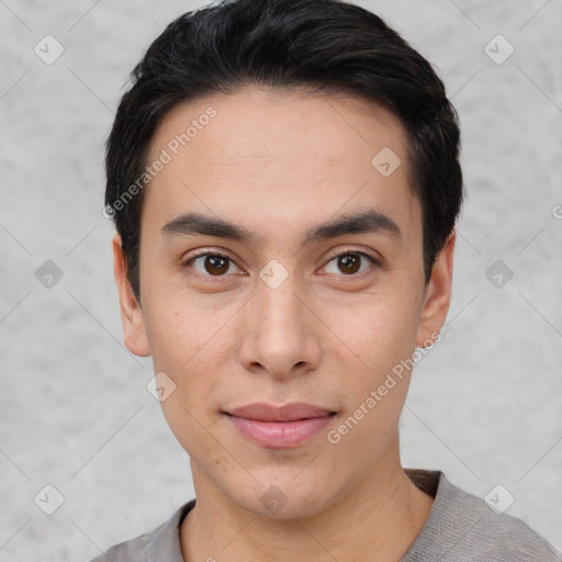 Joyful white young-adult male with short  black hair and brown eyes