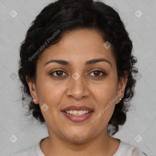 Joyful latino young-adult female with short  brown hair and brown eyes