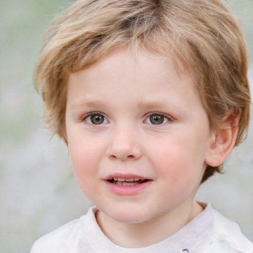 Joyful white child female with short  brown hair and grey eyes