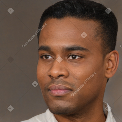 Neutral black young-adult male with short  black hair and brown eyes