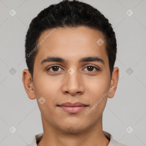 Neutral latino young-adult male with short  black hair and brown eyes