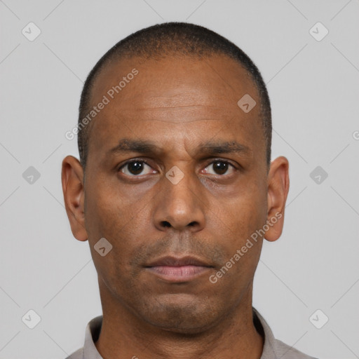 Neutral black adult male with short  black hair and brown eyes