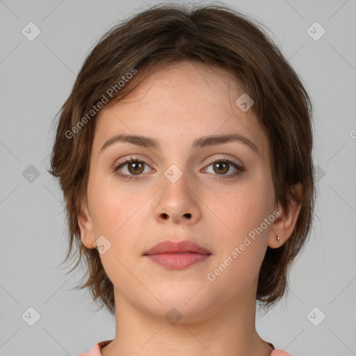 Neutral white young-adult female with medium  brown hair and brown eyes