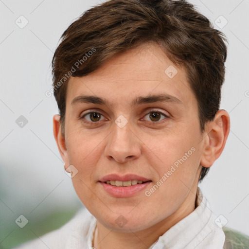 Joyful white adult male with short  brown hair and brown eyes