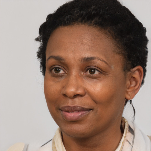Joyful black adult female with short  black hair and brown eyes