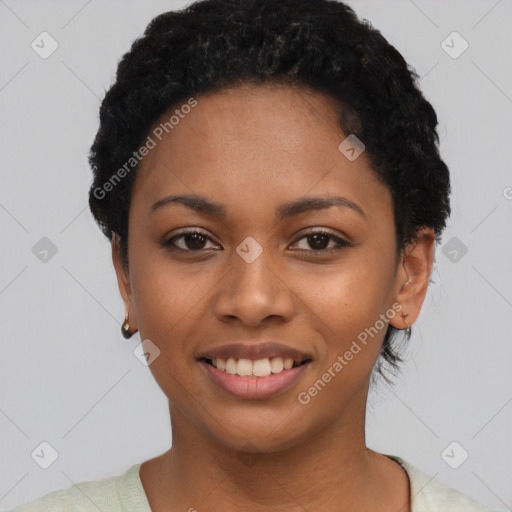 Joyful latino young-adult female with short  black hair and brown eyes