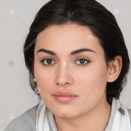 Neutral white young-adult female with medium  brown hair and brown eyes