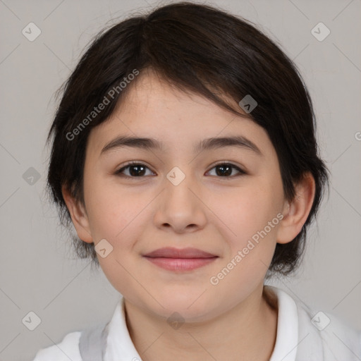 Joyful white child female with medium  brown hair and brown eyes