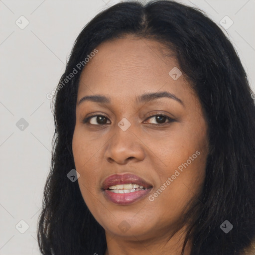 Joyful asian young-adult female with long  black hair and brown eyes