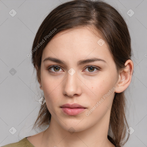 Neutral white young-adult female with medium  brown hair and brown eyes