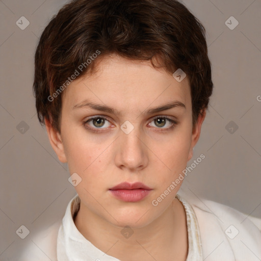 Neutral white young-adult female with medium  brown hair and brown eyes