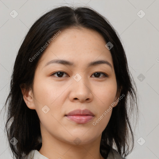 Neutral white young-adult female with medium  brown hair and brown eyes