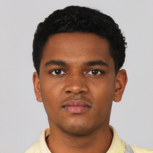 Neutral black young-adult male with short  black hair and brown eyes