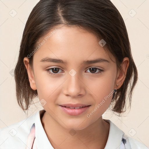 Joyful white child female with medium  brown hair and brown eyes