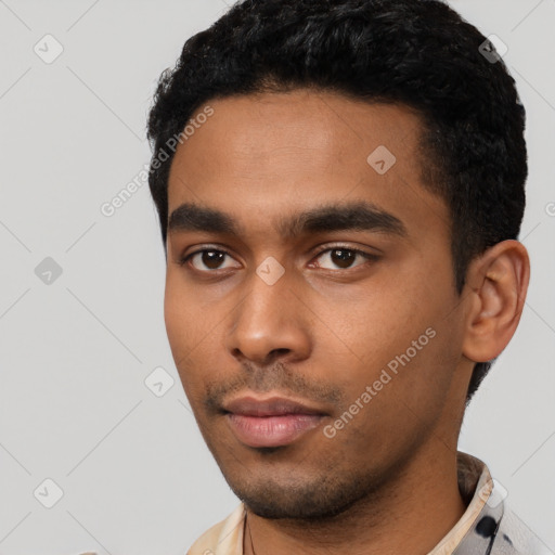 Neutral latino young-adult male with short  black hair and brown eyes