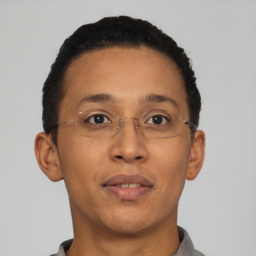 Neutral black adult male with short  brown hair and brown eyes