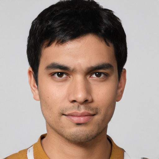 Neutral asian young-adult male with short  black hair and brown eyes