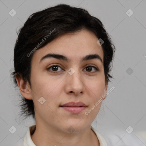 Neutral white young-adult female with medium  brown hair and brown eyes